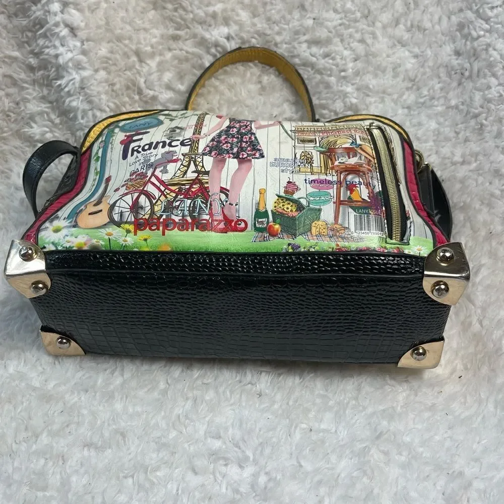 Kanu vintage multi color satchel/ shoulder bag gold tone and rhinestone accents